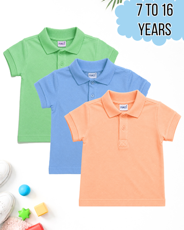 Kids pack of 3 polo shirts in Light Green, Sky Blue and Peach