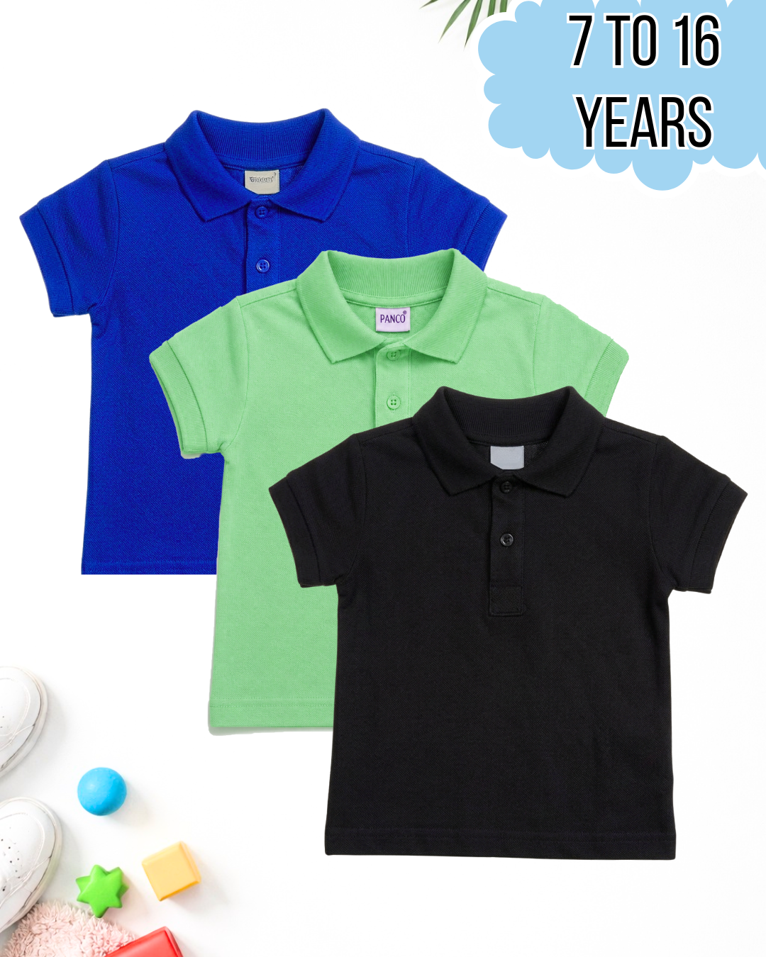 Kids pack of 3 polo shirts in Light Green, Black and Royal Blue