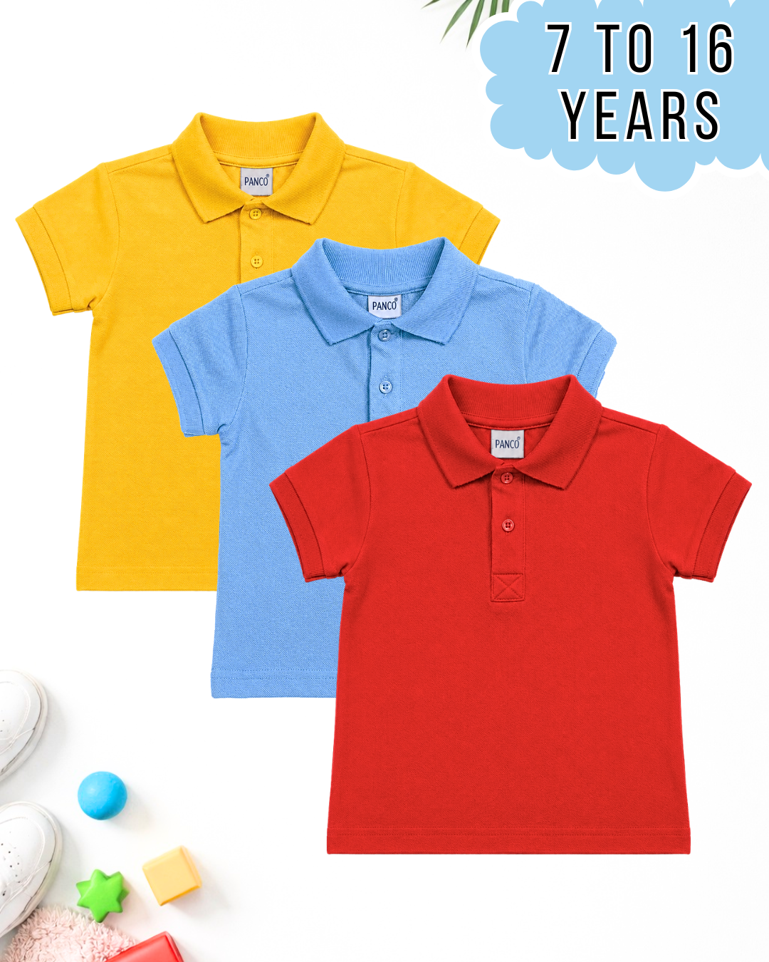 Kids pack of 3 polo shirts in Yellow, Sky Blue and Red