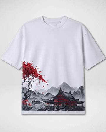 White Japanese Temple Art Drop Shoulder T-Shirt (Code 4904)